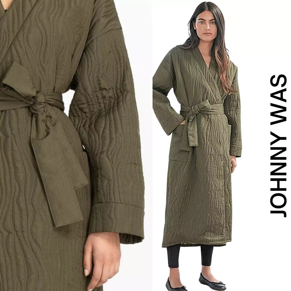 *Damaged* Calme Johnny Was Ava Quilted Wrap Belted Robe Coat Green Size XS *Flaw - Picture 1 of 16